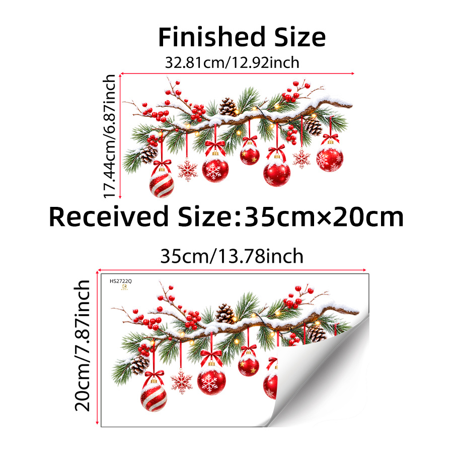 TEMU Stickers muraux de branche de pin de Noël, pommes de pin enneigées, rouges, ornements, nœuds, , autocollants muraux en PVC faciles à installer,