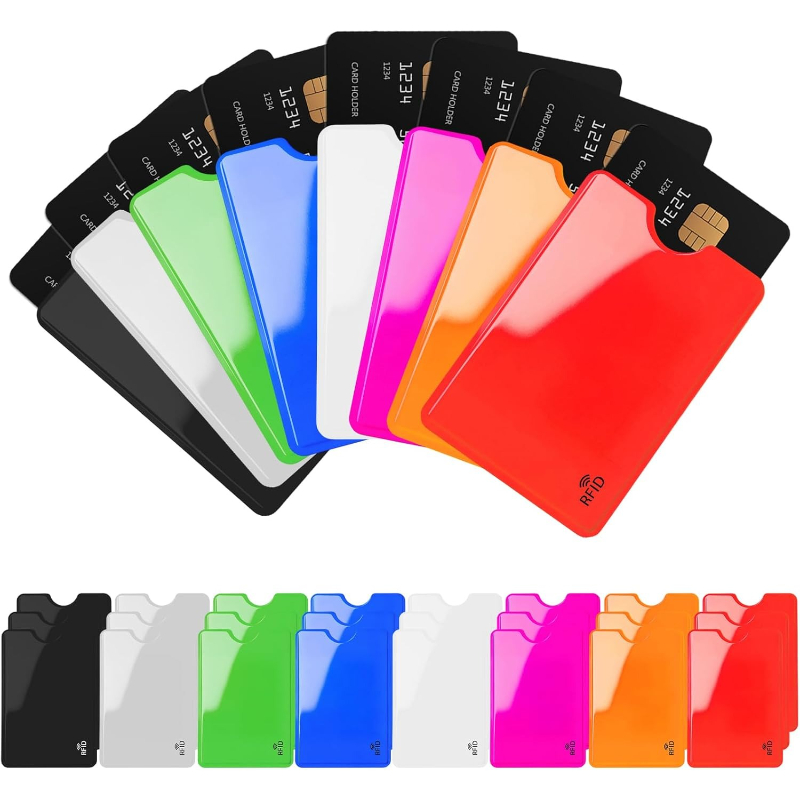 credit card secure sleeves Aigee 28 RFID Blocking (24 Protector Holders in 12 colors & 4 Passport Protectors), Identity Theft Protection Sleeve for Credit Cards, Debit Card, 2pcs Clear Plastic Sleeve RFID sleeve with electronic armor is the identity theft protection for your bank cards Luumxai 16 RFID Blocking Sleeves