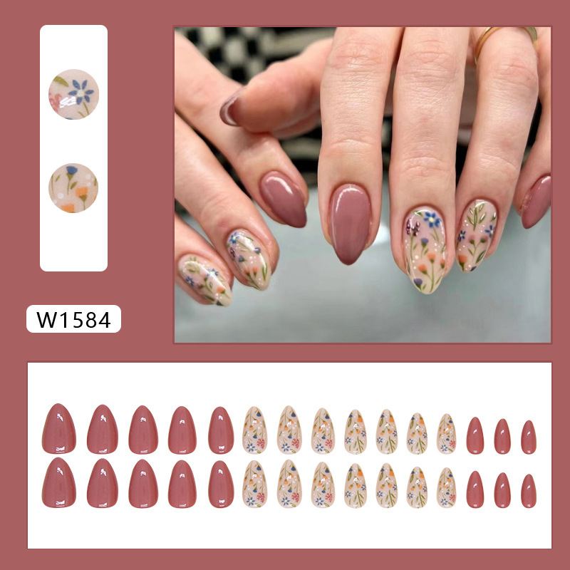 TEMU Short Almond-shaped Brown--on Nails With Colorful Prints, Press-on Nails With Jelly Glue And Nail File