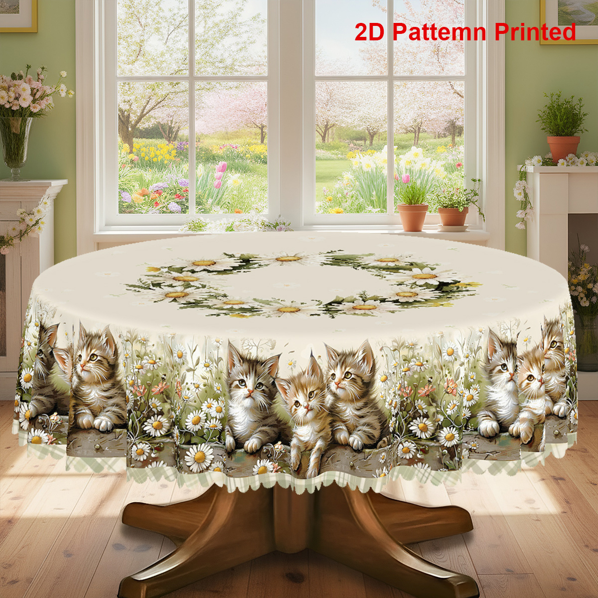TEMU 1pc, Cute Cat-themed Party Tablecloth, Spring Summer Vintage Buffalo Check Daisy Floral Printed Design, Rectangular/round/oval Tablecloth,
