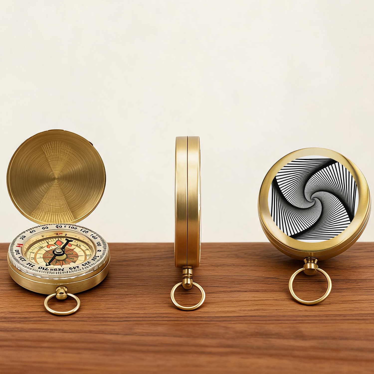Vintage Pure Copper Spiral Line Art Pocket Compass with Key Ring
