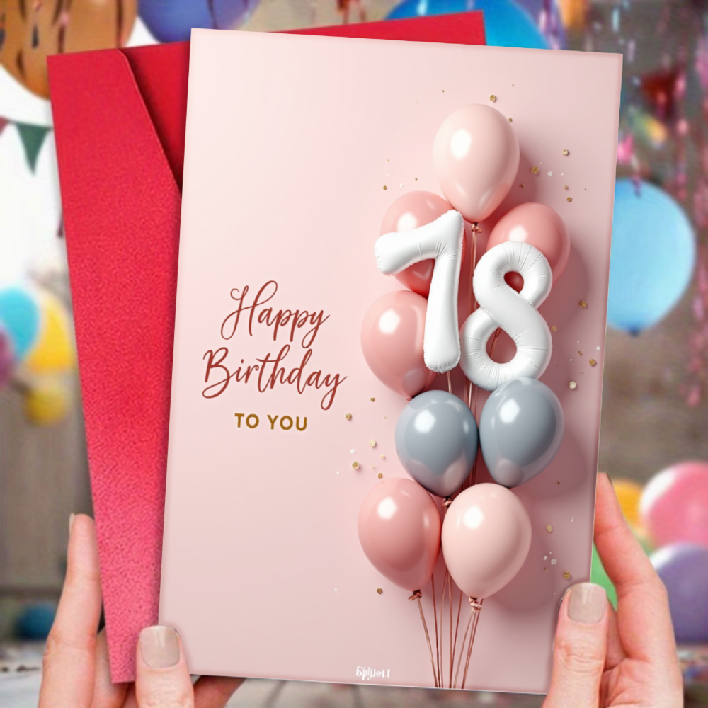 E-shop Eine Geburtstagskarte mit Umschlag, rosa Ballons und der Zahl 18, um Ihnen ein frohes Geburtstag zu wünschen, geeignet für Einladungen zu einer