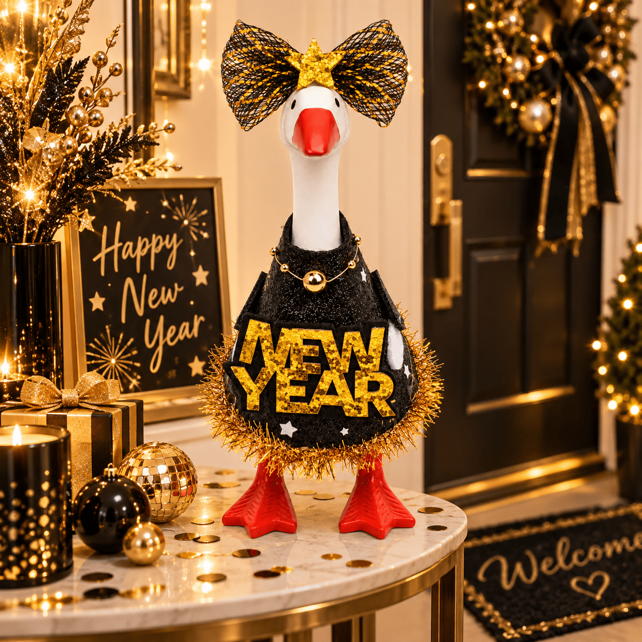 TEMU 2pcs New Year Costume Set For 7-inch Tabletop Goose, Big Bow Headpiece With And Black Golden Glitter New Year Dress, New Year Tabletop Decor,