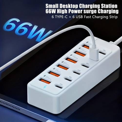 12 in 1 66w fast charging station 6 usb ports 6 type c pd fast charging ports power hub compatible with iphone macbook laptops phones tablets gaming consoles and other devices
