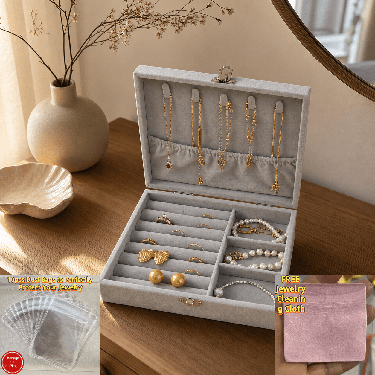 Light Gray Suede Lockable Flip-Top Jewelry Box, Combo Set