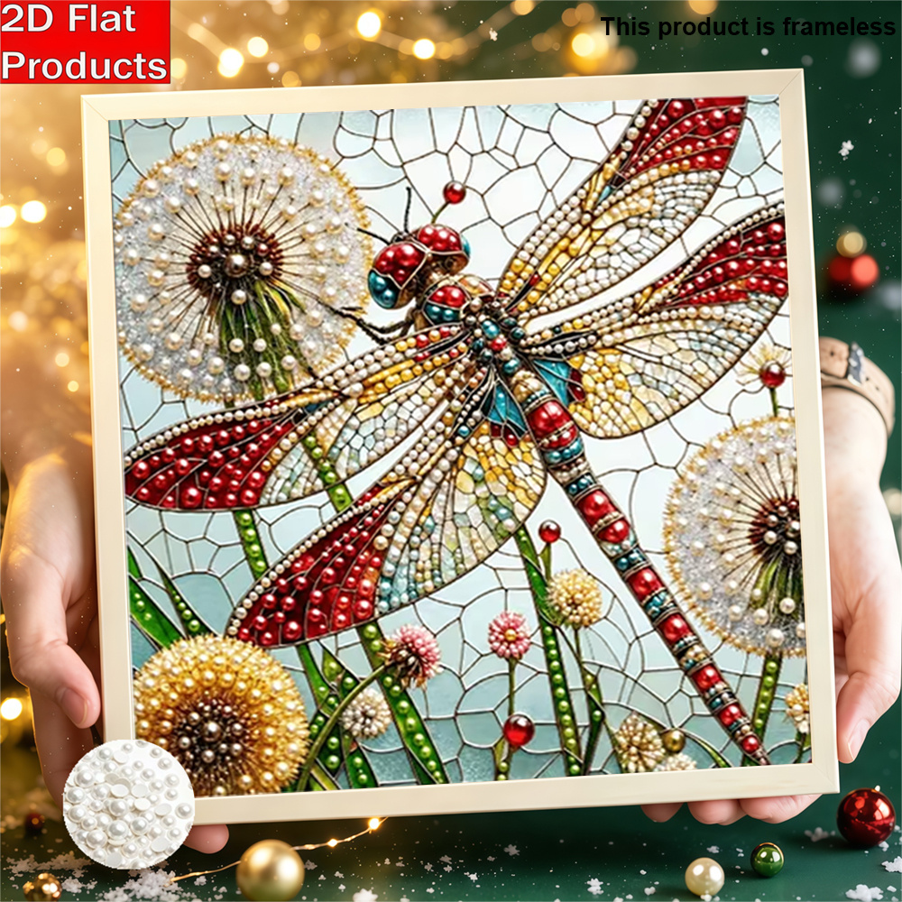 TEMU New Diy Frameless Pearl Painting, Featuring A Dragonfly And Dandelion , Is A Creative Diamond Painting Kit For Handmade Rhinestone Application.