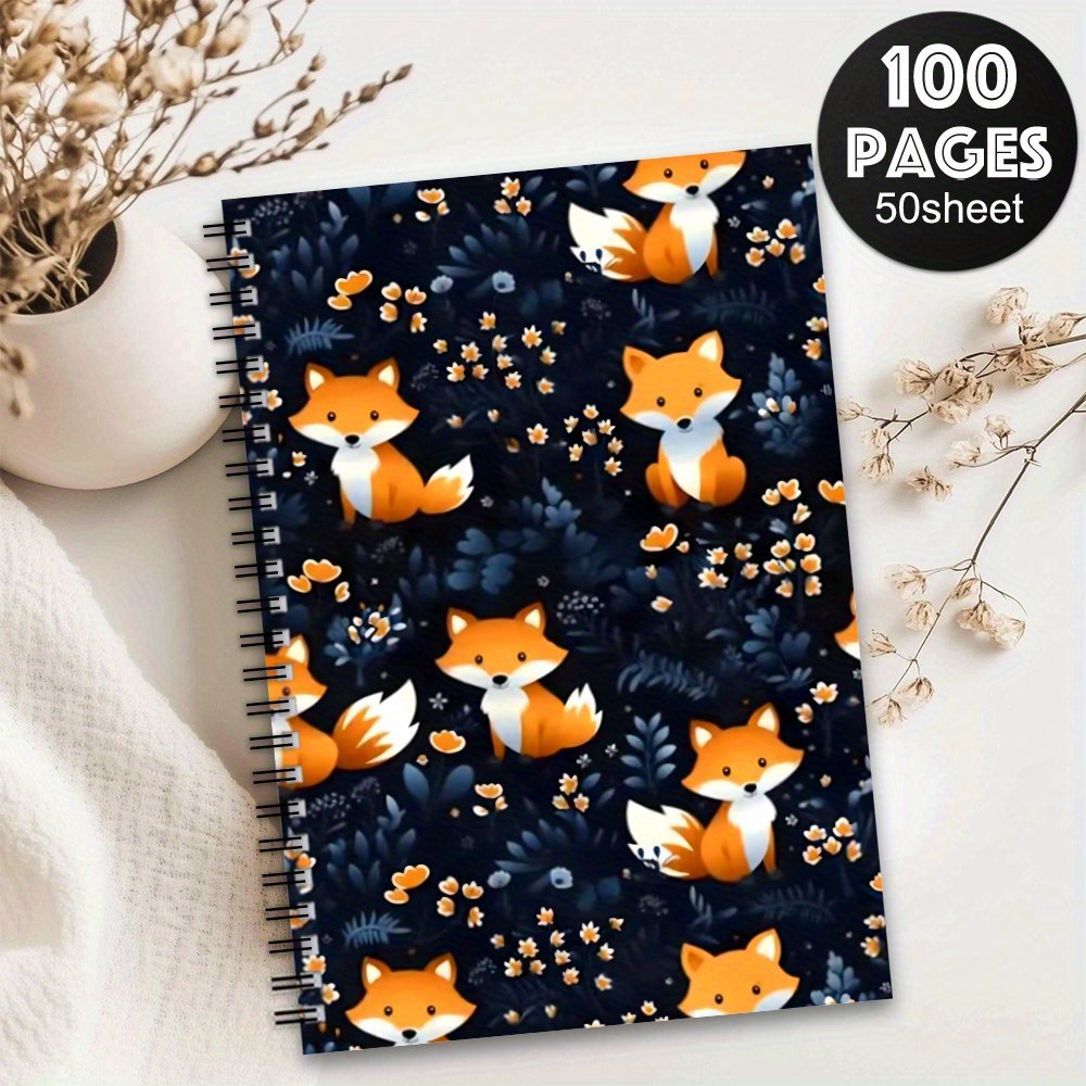 TEMU 1pc Autumn Spiral Notebook - Cute Foxes & Fall , Dark Blue & Orange Spiral Bound Journal, Lined Pages For Office, School, Gift - Thanksgiving,