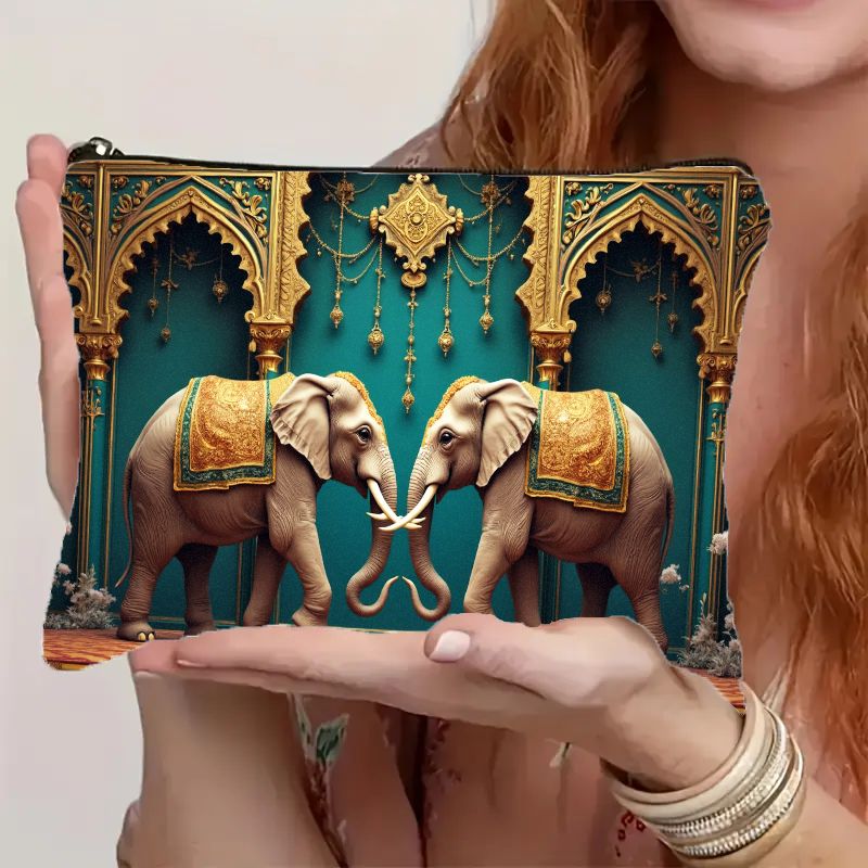 TEMU Sac à Cosmétiques Imprimé Éléphant Indien en 2D avec Fermeture Éclair - Design Majestueux d' de Doré en Teal, Léger et Portable, Organisateur de