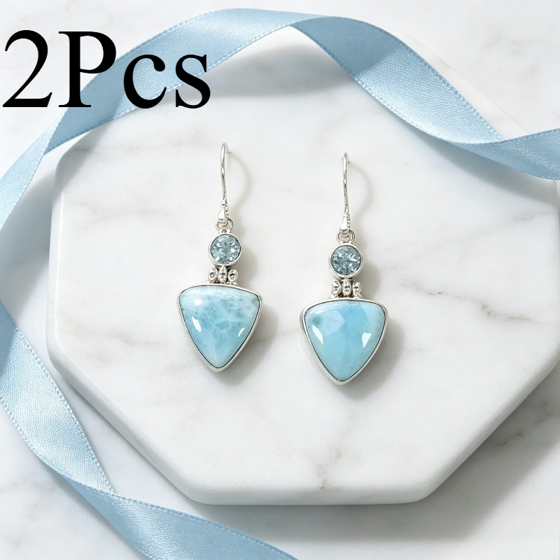 TEMU 2pcs Exquisite Triangular Blue Pendant Earrings Bohemian Handmade Style Suitable For Beach Dating Showcasing Elegant Coastal Temperament Women's