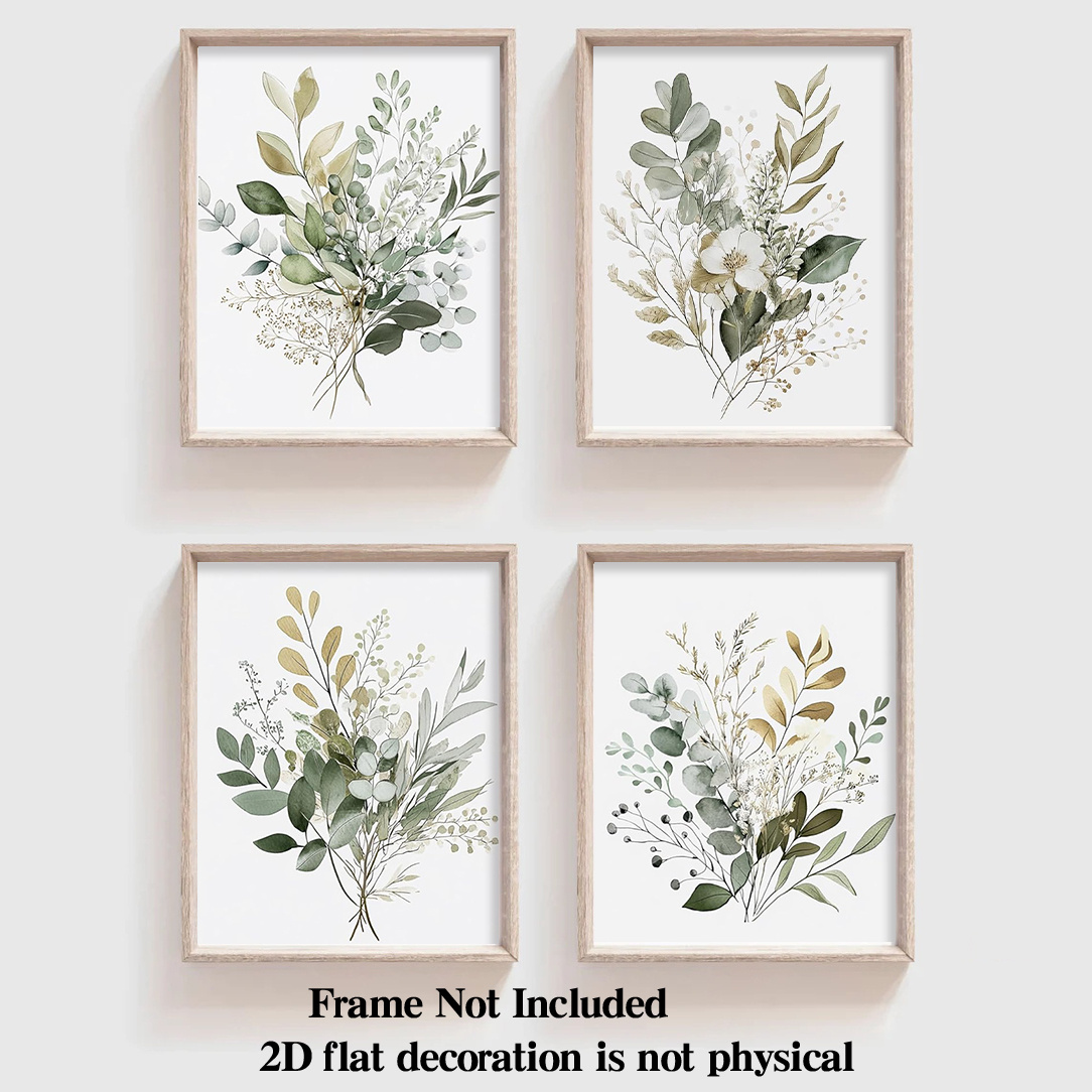 TEMU Impression d'art à 2D plate, 2D plate, 2D plate cadre, ensemble de 4 pièces, combinaison de verdure d'eucalyptus, conçue avec une esthétique de