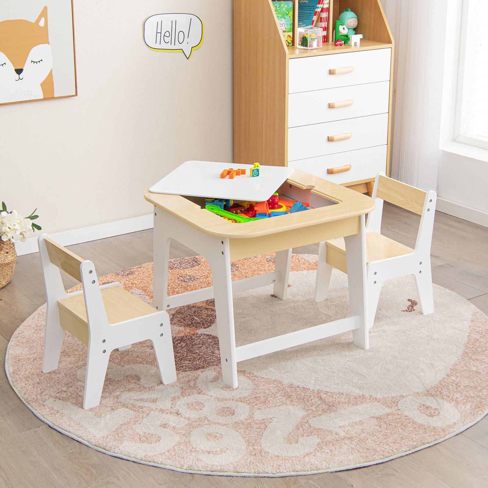  table and 2 chairs set wooden play activity desk with whiteboard and blackboard natural