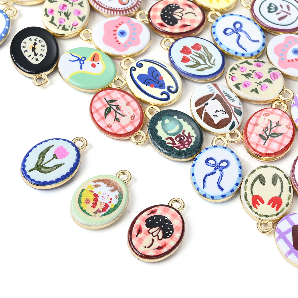 TEMU 15pcs Random Assorted Oval Alloy Metal Pendants Colorful Double-sided Printed Drop-resin Bowknot Heart Rose Flower Animal Designs Alloy Charms