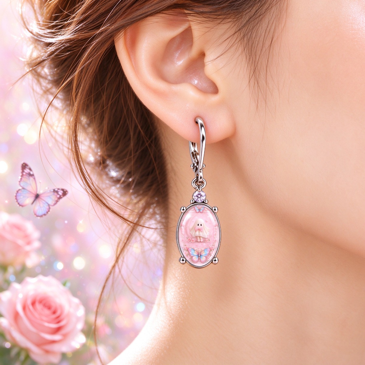 Women's Lovely Pink Patterned Butterfly Rose Bow Hanging Earrings