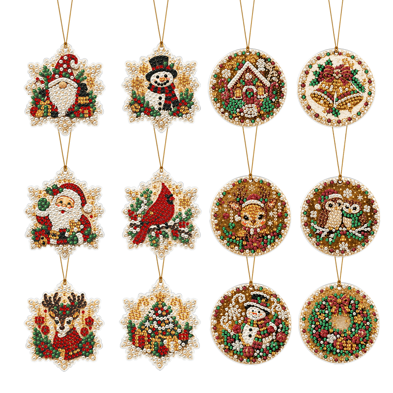 TEMU [christmas Gift] 12pcs Pearl Diamond Painting Pendants, 2d Flat Acrylic Hanging Decor, Lace Edge Round And Snowflake Shape, Christmas Tree