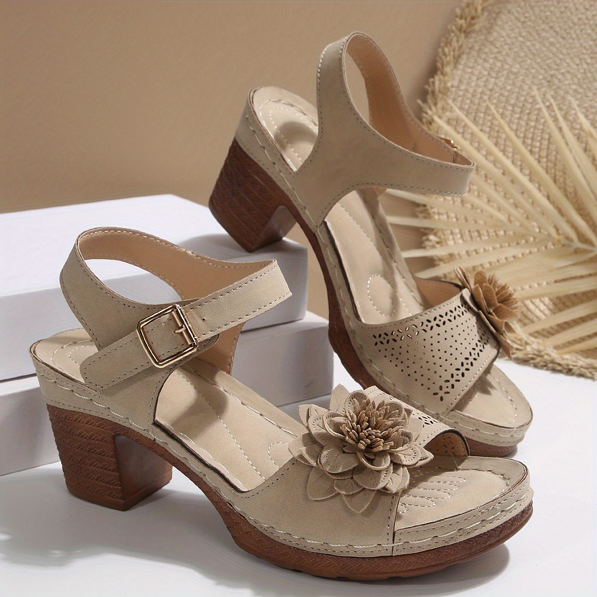 Women's Thick Heel Sandals, Open Toe with Buckle and Thick Sole, Solid Color Artificial Covered Upper, Women's Floral Sandals