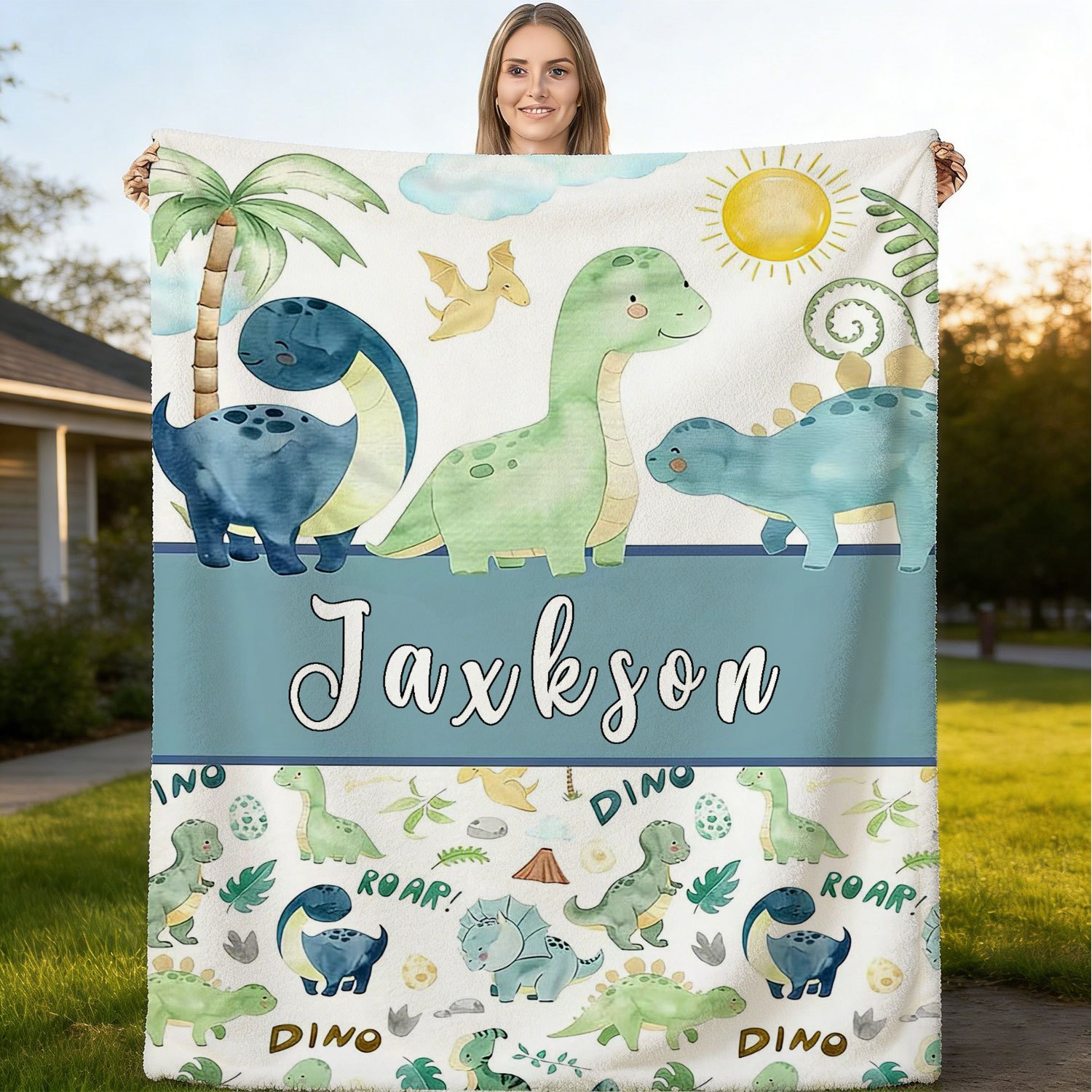 TEMU Personalized Custom Name Blanket, Cartoon Little Dinosaur Fleece Blanket, Outdoor Enthusiast Gift Plush Blanket, Universal Gift Blanket Suitable