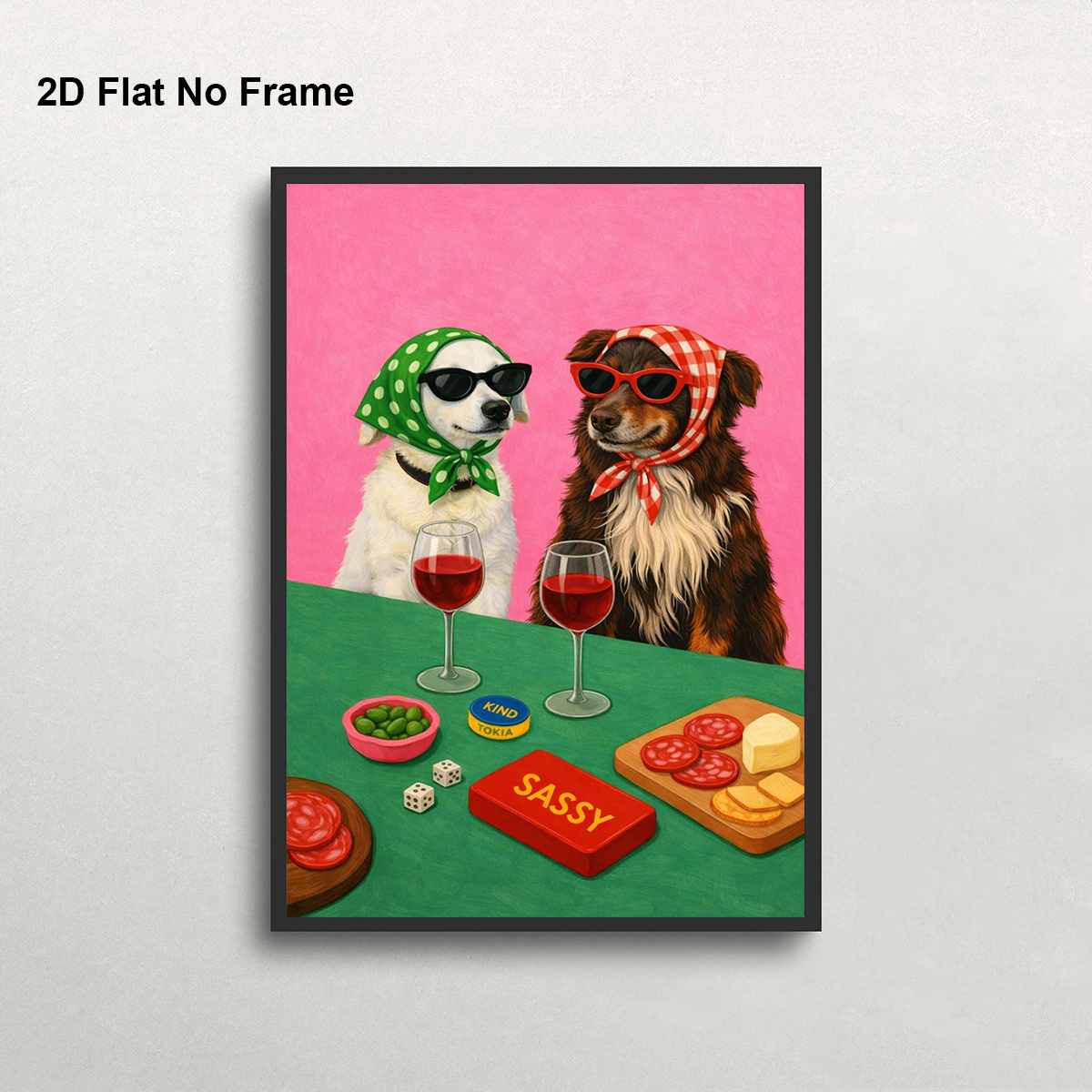 TEMU Plat 2D, 1 pièce Affiche sur toile moderne cadre - Deux chiens avec lunettes et écharpes tendance avec art de vin, et fromage, thème italien,