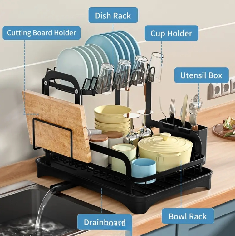   rack above the kitchen sink a larger two tier dish drying rack set with a draining board a countertop drying rack double layer large capacity   with a draining board featuring   drainer with a double layer dish rack cup holder cutting board and kitchen accessories details 1