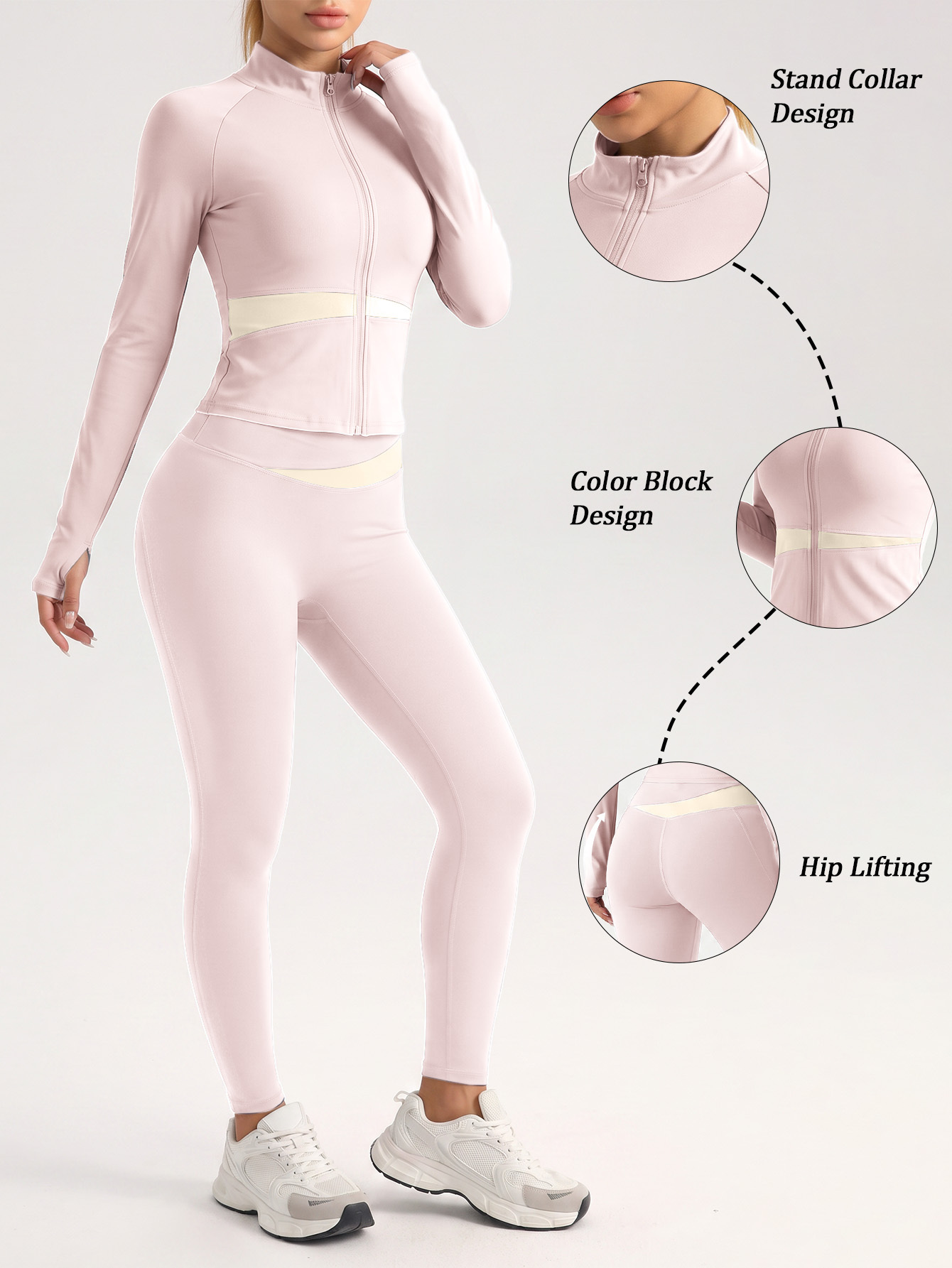 Women's Color-Block 2pcs Sportswear Set: Color-Contrast Stand Collar Zipper Jacket with Thumb Loops + High-Waist -Liftin