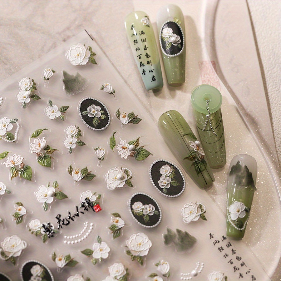 

A Sheet Of 5d Embossed Retro-style Floral Nail Stickers, Beautifully With Pearls, Diy Nail Decoration For Women And Girls.