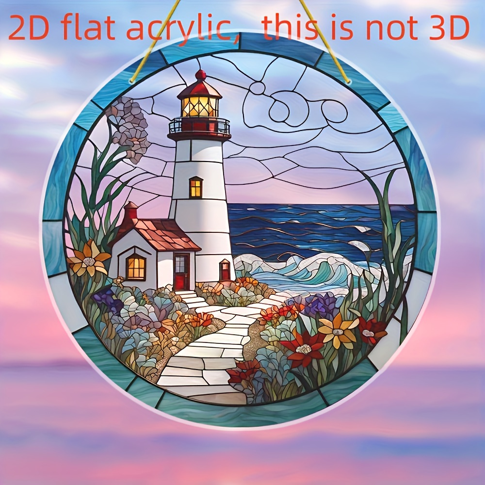 TEMU 2d Flat, Bohemian Lighthouse Suncatcher Window Hanging Decor - 8"x8" Colored Acrylic Nautical Catcher Suitable For Home & Garden, Coastal