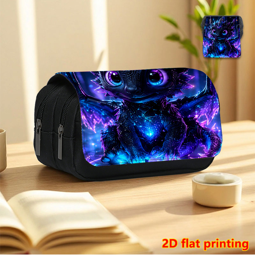 TEMU Trousse à crayons noire à double couche imprimée en 2D avec dragon et ciel étoilé - Trousse essentielle pour la rentrée scolaire, sac de
