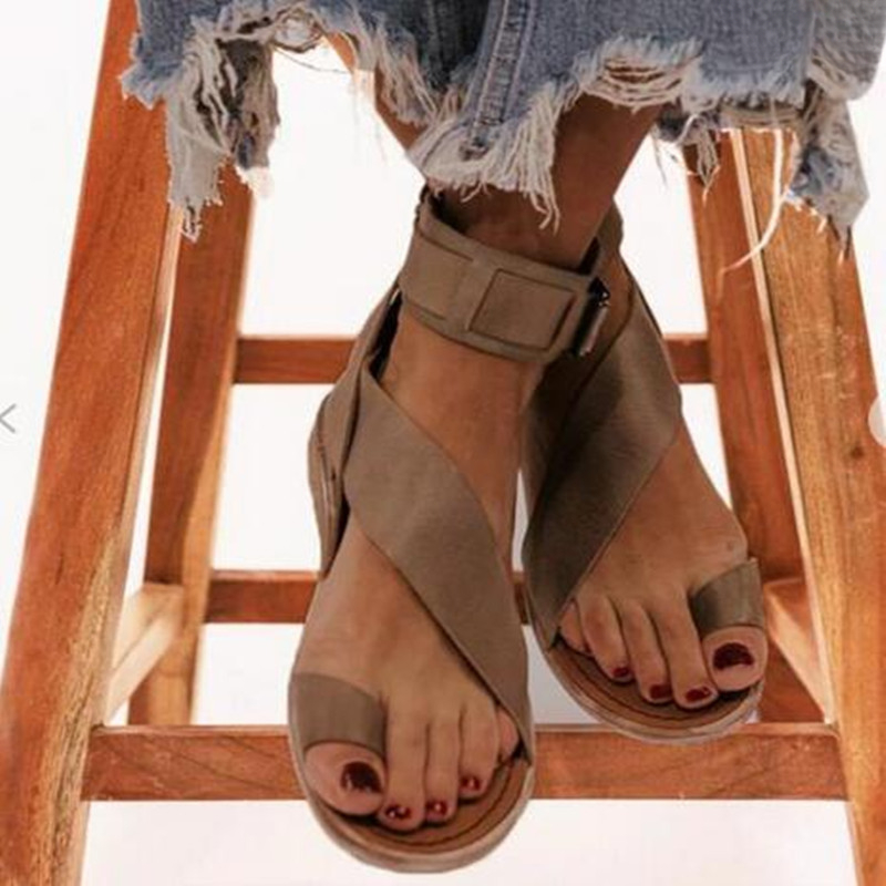 2026 Spring And Summer Roman Flat Sandals For Women, Women's Toe-strap Flat Sandals, Cross Strap And Hook-and-loop Ankle Strap Design, Casual Summer Footwear, Women Shoes