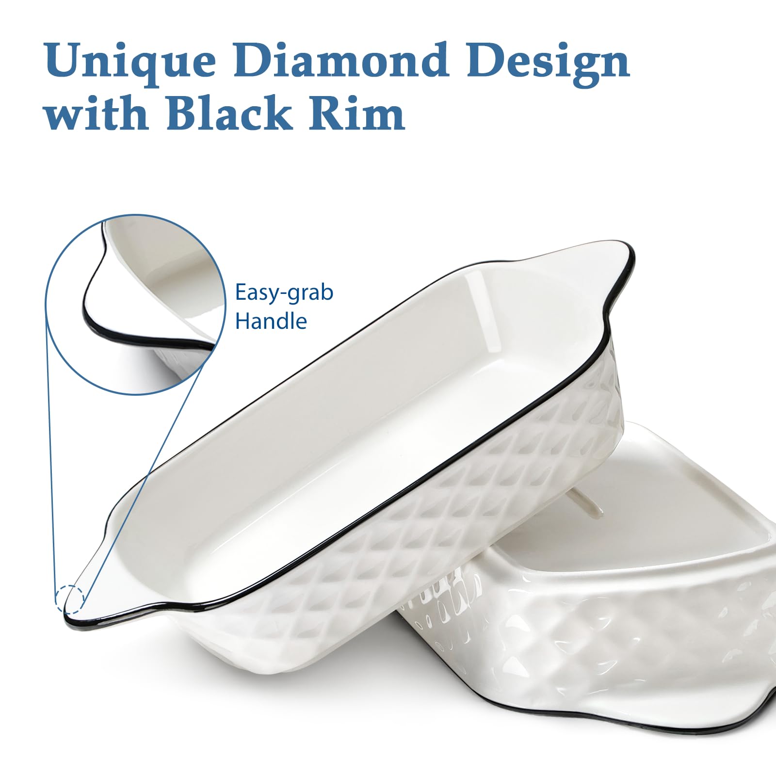 Set Of 2 Rectangular Lasagna Dishes, Each 34 Oz, Featuring A Diamond Pattern. Small Ceramic Baking Dishes Come With Handles And Are Safe For Oven And Microwave Use
