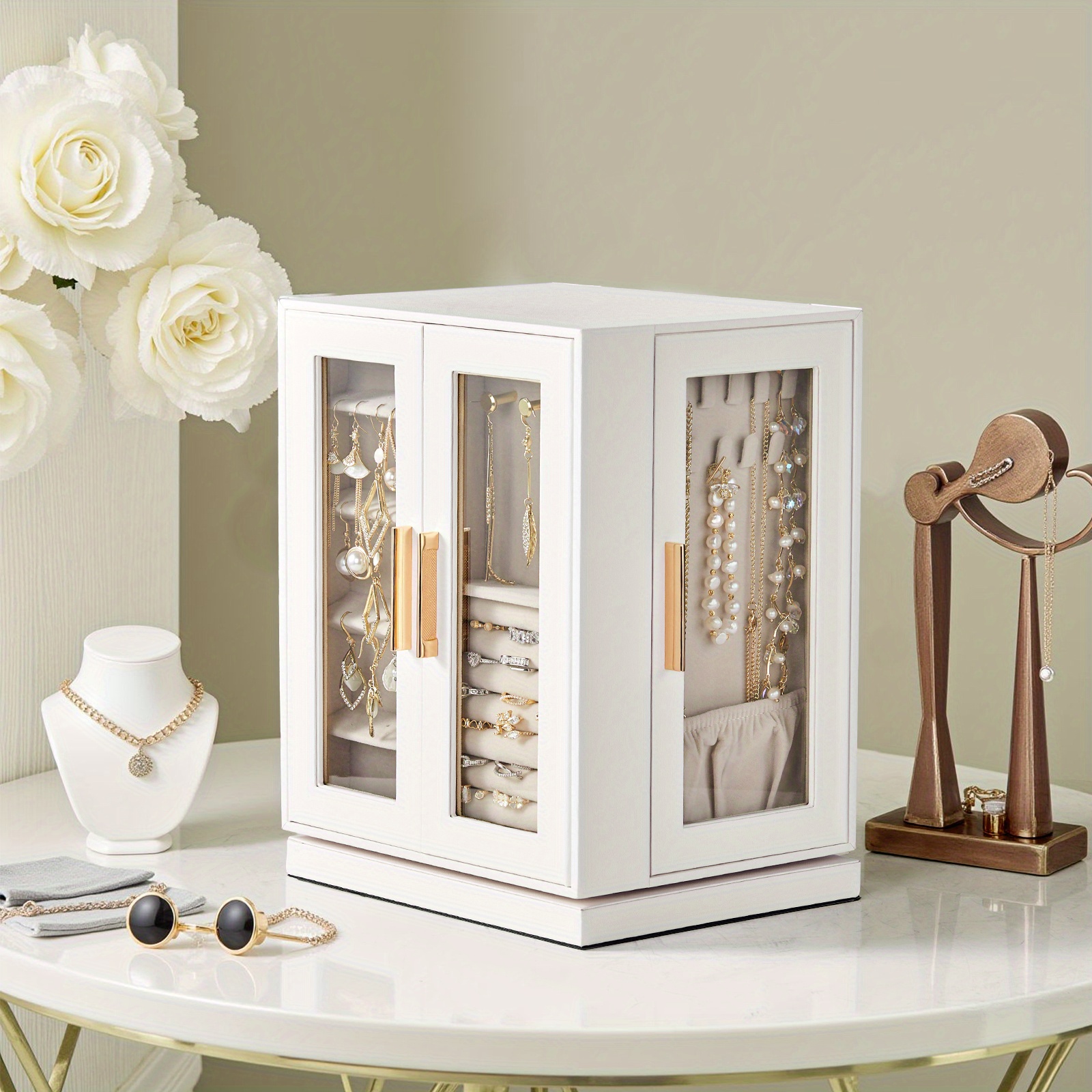 360° Rotating Jewelry Box, Jewelry Organizer with 5 Drawers, Glass Window, Built-in Large Mirror, Vertical Jewelry Organizer, Jewelry Display Case, Gift for Loved Ones, White, Jewelry Armoires