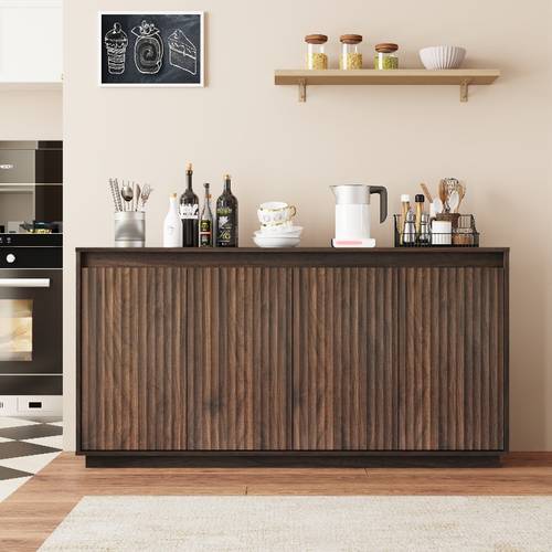 4 door walnut side buffet cabinet wavy vertical texture accent cabinet with no door as handle freestanding kitchen storage cabinet for dining room