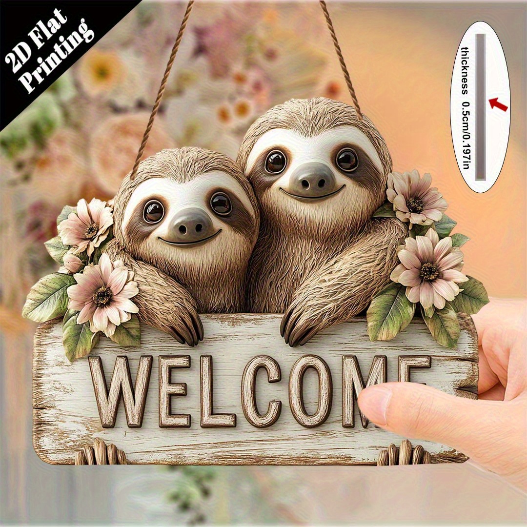 E-shop 2D-Flach - 2D-Druck Holzdekoration. Ein einzigartiges rustikales Holzwillkommensschild mit zwei niedlichen Ameisen und Blumen - hergestellt aus