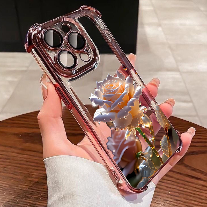 TEMU Phone Case - Colorful Roses Flower Electroplated Transparent Phone Case, Suitable For Iphone 18 Pro Max 17 16 Pro Max 17 Air 15 14 Plus 11 12 13