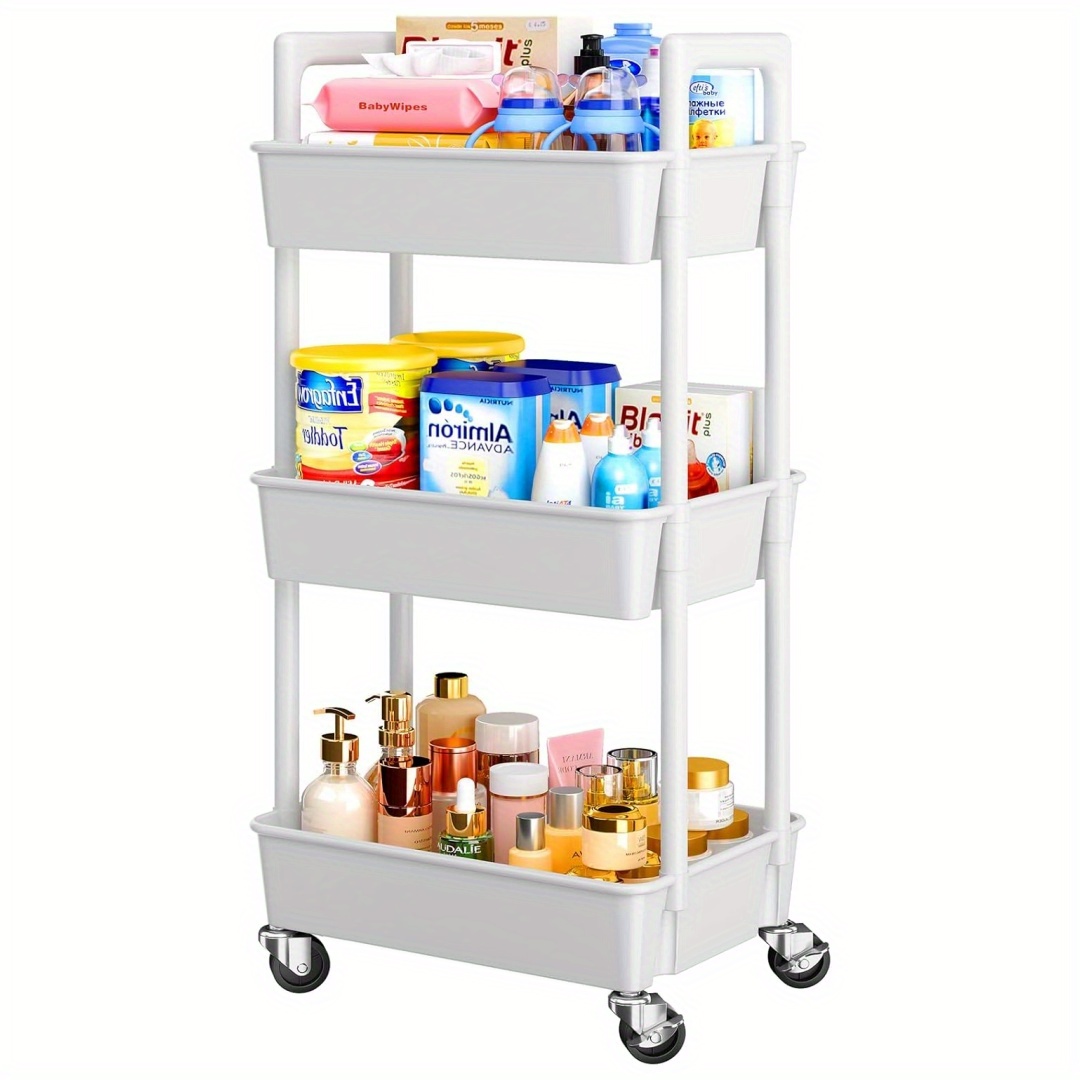 Image of 3-tier Rolling Cart Organizer, Plastic Rolling Cart With Lockable Wheels And Reinforced Handle, Lightweight Utility Cart Storage Cart For Nursery, Kitchen, Bathroom, Craft Room, White, Piuc14w
