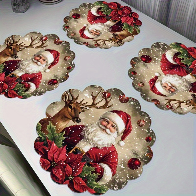 TEMU Home, Kitchen Supplies > Home Decor > Home Ornaments > Coasters 2d Flat 4pcs Christmas Coaster Set - Santa And Reindeer Pattern Wooden Table