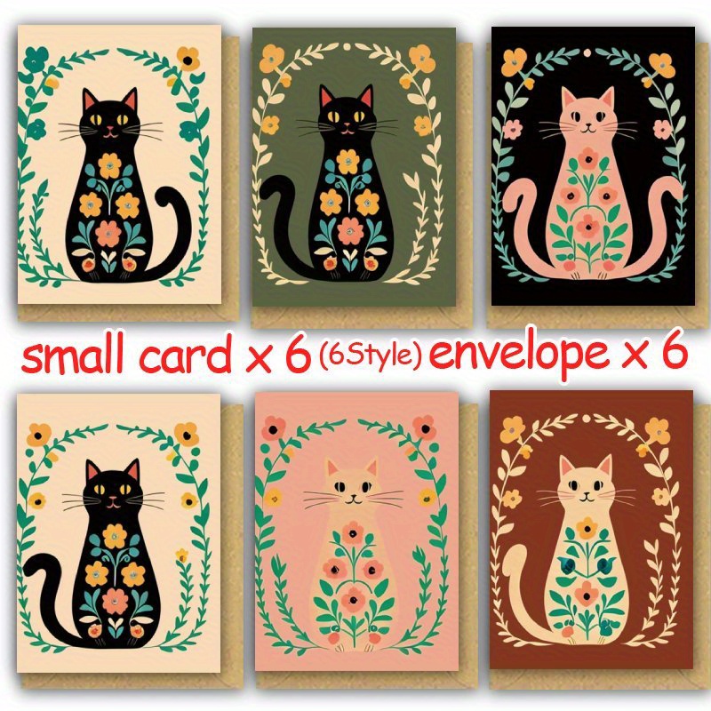 TEMU 6 Cards And 6 Envelopes Boho Cat Art Illustration Greeting Cards With Envelopes - Vibrant Floral & Feline Designs For - Ideal For , Teachers,