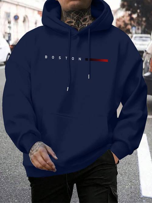 sudadera con capucha para hombre con estampado boston, elegante e casual con bolsillos y cordón ajustable, para usar en y otoño
