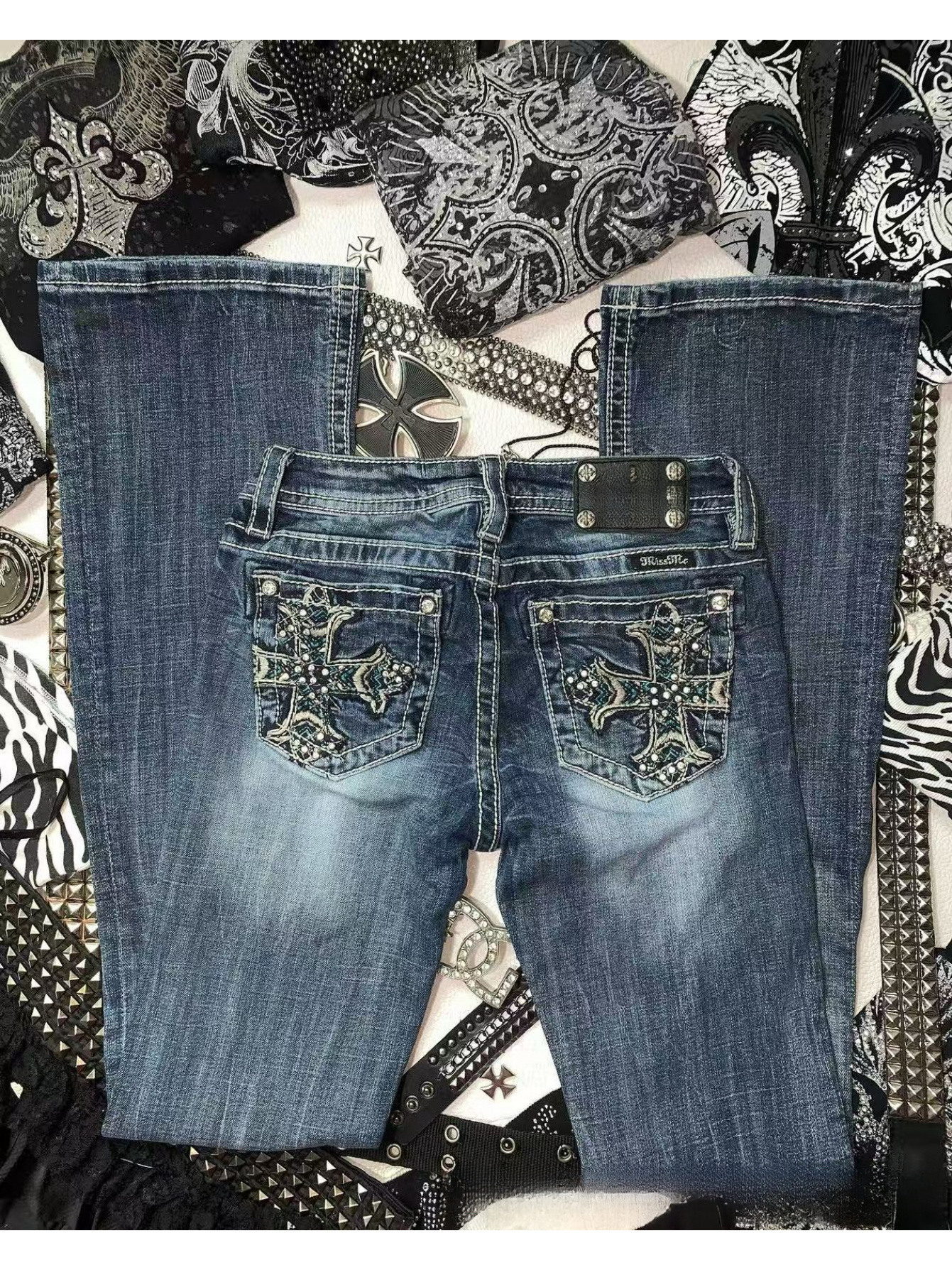 Vintage Y2K Blue Faux Denim Faux Denim, Rhinestone Cross Pocket Low Waist Flare…