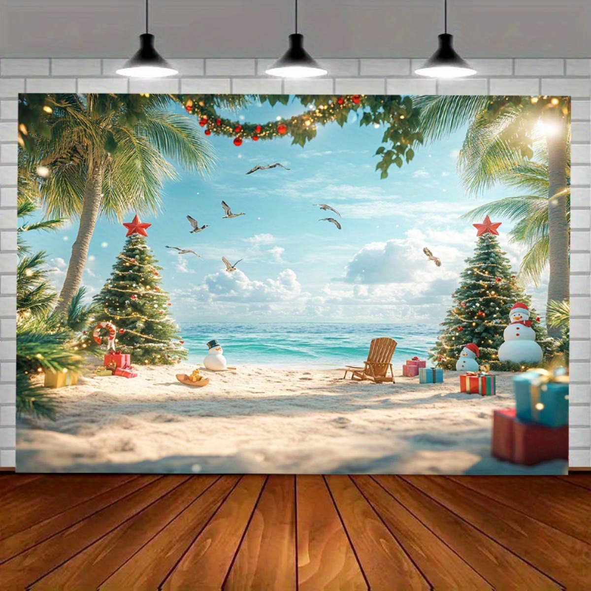TEMU 2d Flat, 2d Flat - 2d Flat, 2d Flat - 2d Flat Banner, 1 Roll Large Tropical Christmas Beach Background Banner, Featuring Turquoise Ocean Palm