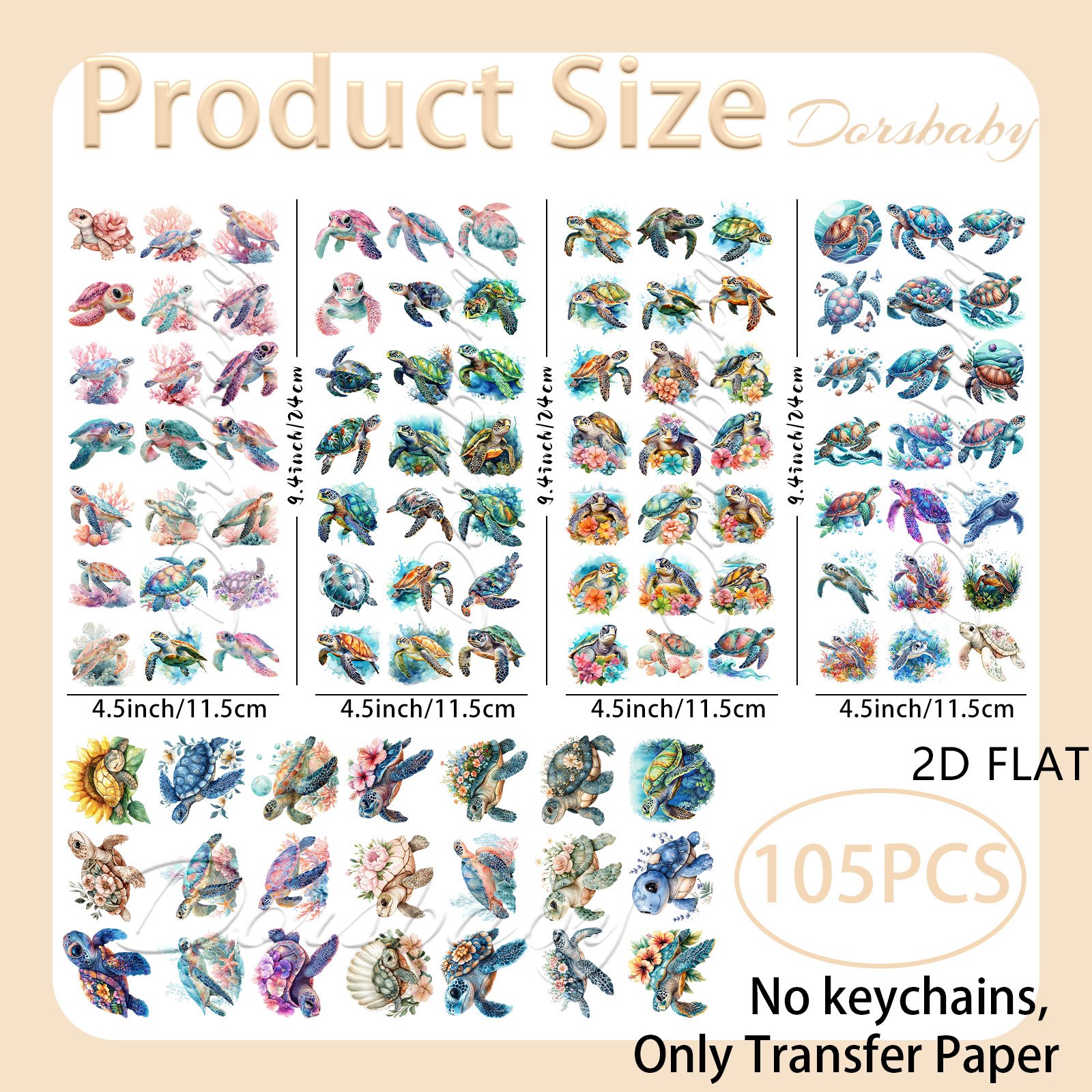 TEMU 105pcs Transfert UV DTF Style Tortue Océanique Aquarelle, Adhésifs Forts à pour Porte-clés, Boîtes en Verre 16Oz, Permanent pour Cahiers &