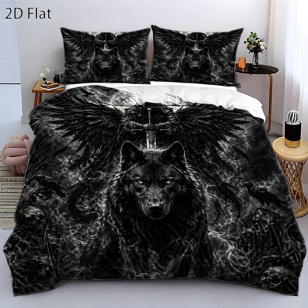 TEMU 3pcs Dark Style Reaper Black Wolf Duvet Cover Set, Bedding 3pcs Set (1*duvet Cover   2*pillowcases), Suitable For , Machine Washable With Hidden