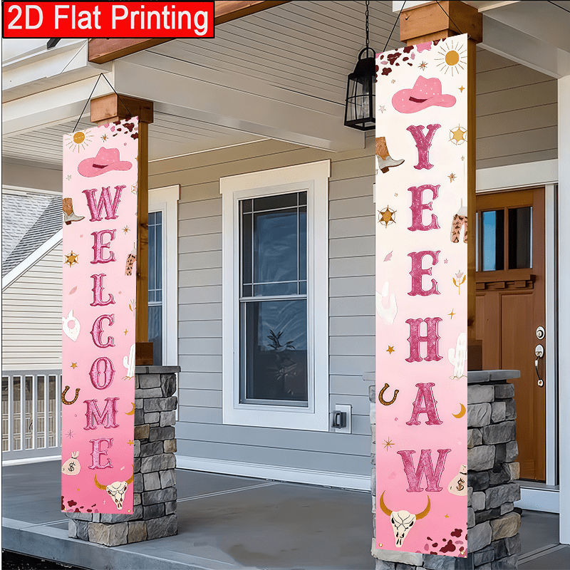 TEMU Bannière de Porche 2D Plate, 2D Plate 2pcs Cowgirl Rose Fête Bannière Ceinture Cowboy Western Design Hehe Drapeau Décoration Extérieure Cour