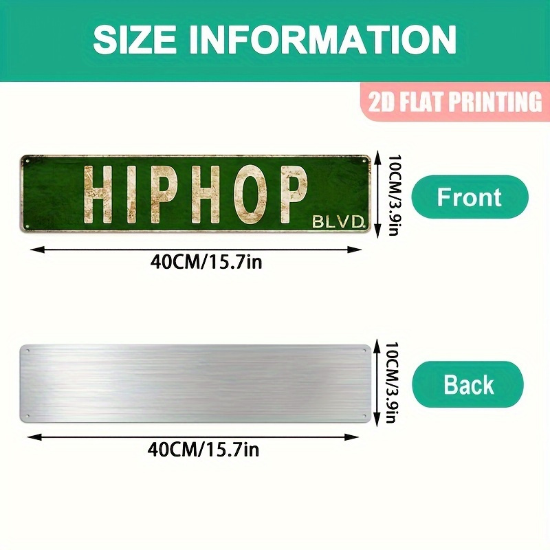 TEMU 1pc Vintage Hip-hop Street Sign | 40.64cm X 10.16cm Aluminum Metal Wall Art, "hiphop ." Design With Distressed Green Background & White