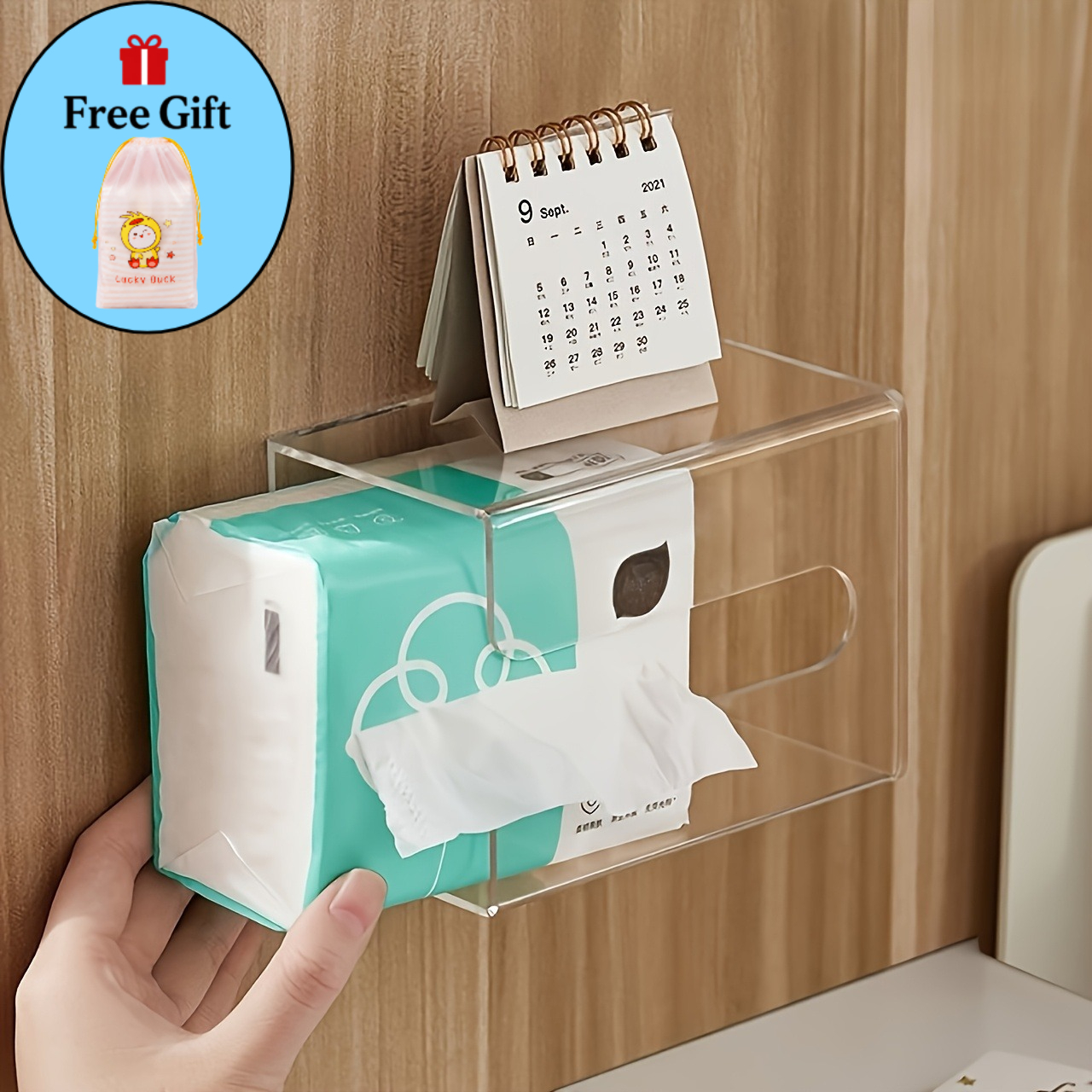 TEMU 2pcs Set (1pc No-drill Wall-mounted Tissue Box And 1pc Free Gift Small Yellow Duck Storage Bag) Acrylic Material, Suitable For Kitchen, Bathroom