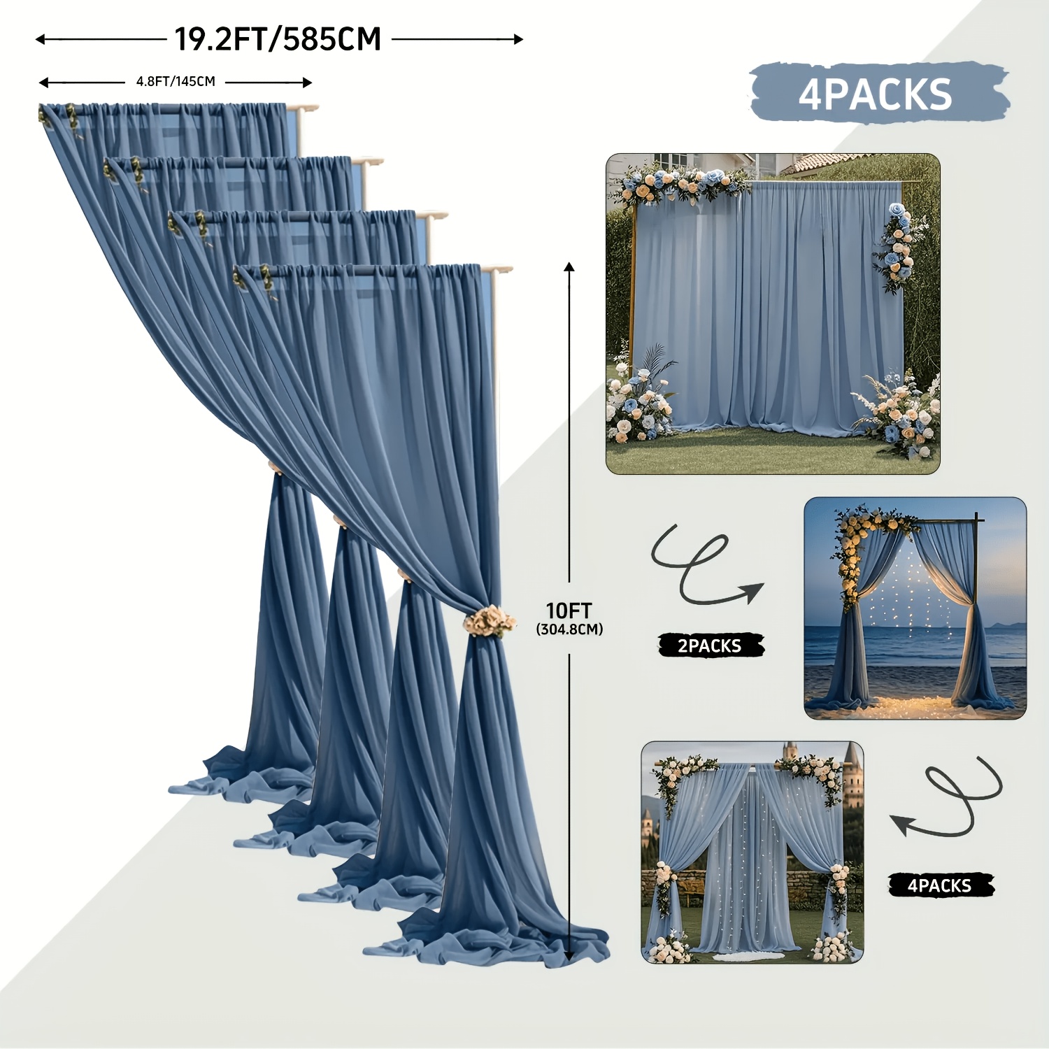 TEMU 1 Set/4pcs, 19.2 Feet * 10 Feet Gray-blue Backdrop Curtain, Suitable For Wedding Decoration, Wrinkle-free Curtain, Ideal For Birthday Parties,