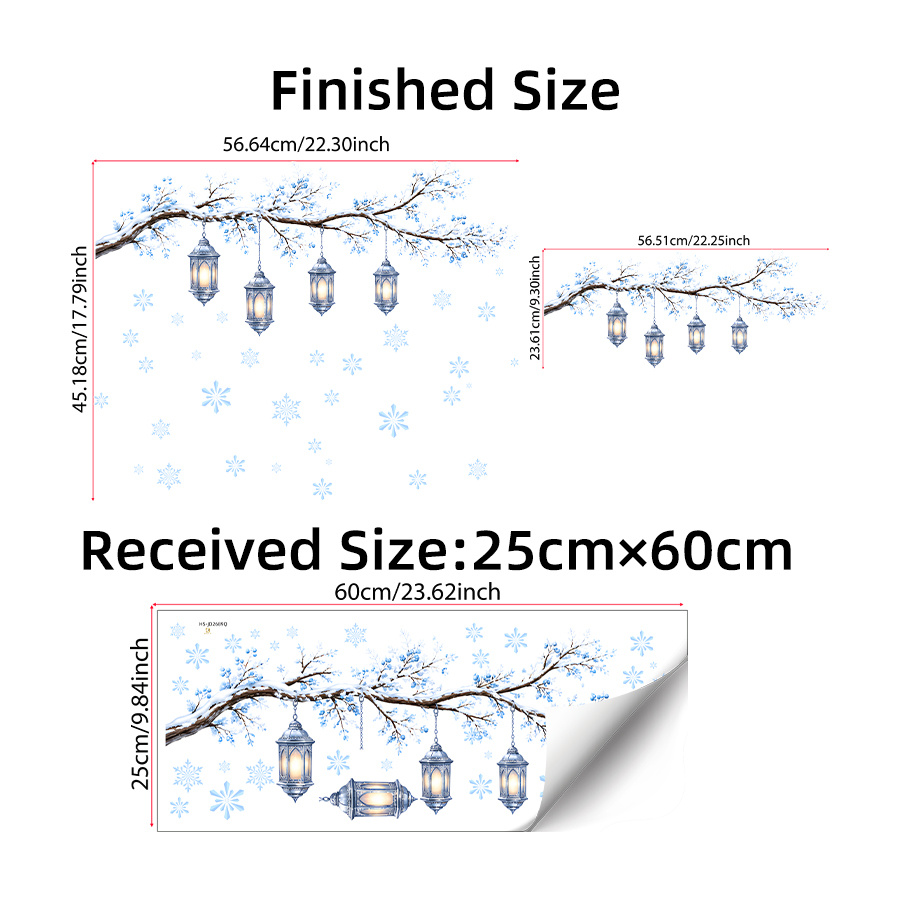 TEMU 1pc Snow-covered Branch Lantern Snowflake Static Cling Window Sticker, Glass Sticker, Double-sided Reusable Xmas Decal, Christmas Window Decor
