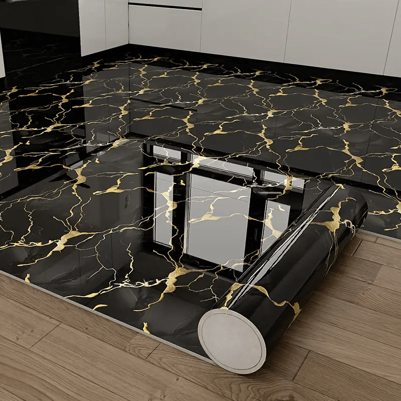 TEMU 1 Rolle schwarzes vergoldenetes Marmormuster, glänzende Kontakt-Tapete, ablösbare Tapete zum Aufkleben, selbstklebende Tapete, Wandkunst,