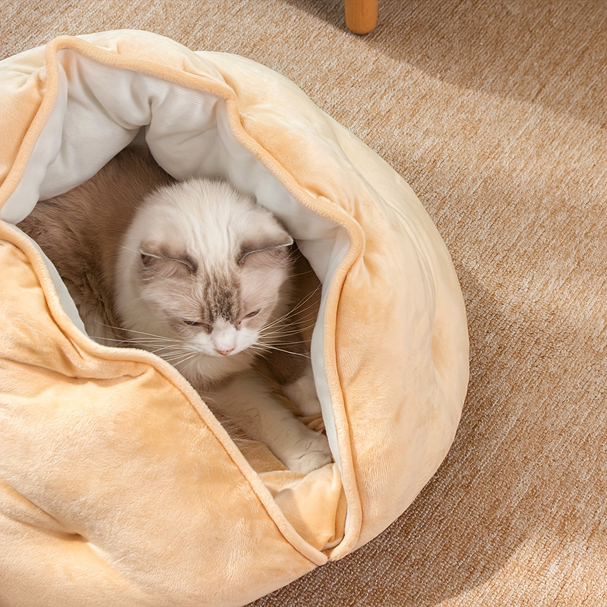 cozy plush khaki pet bed for cats small dogs thick warm soft polyester nest with full coverage design   for medium sized pets durable easy clean indoor bedding bed for   owners   fabric home pets Product details 2