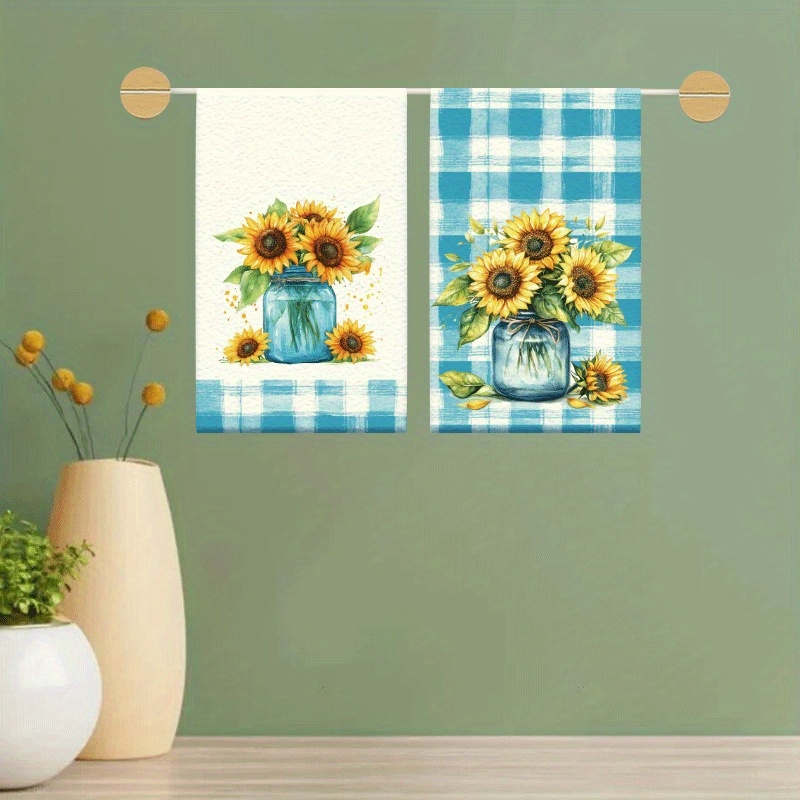 TEMU 2pcs Sunflower Kitchen Towels With Checkered Print - Thick Absorbent Microfiber Dish Cloths Suitable For Home, Cooking, Baking, Bathroom,
