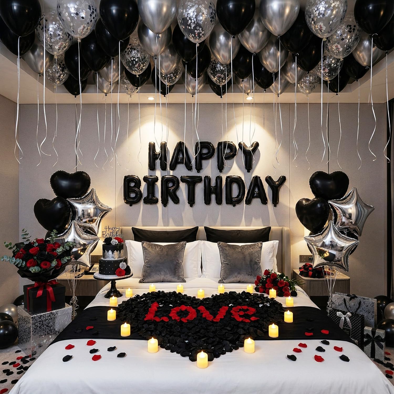 TEMU Romantic Men's Birthday Decoration Set, Including Black And Silver Balloons, Happy Birthday, And Rose Petals, Suitable A Room Decoration