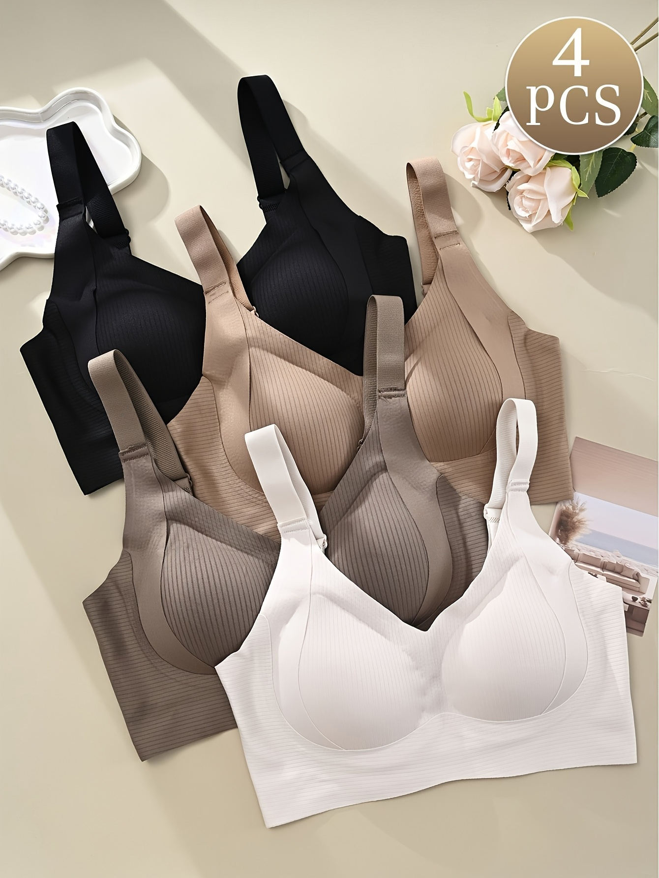 comfortable bra 4pcs comfortable seamless womens bra elegant blend of nylon and spandex wide shoulder straps soft support no underwire   in beige white black casual bras Product details 0